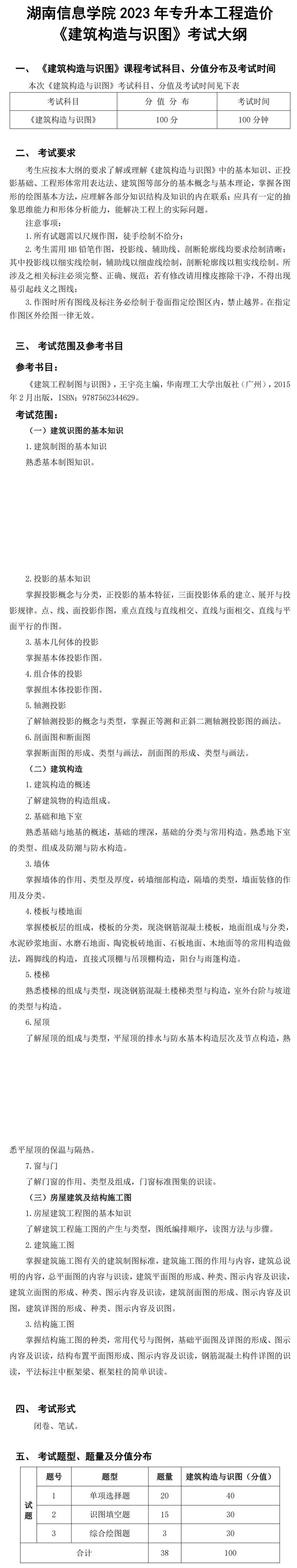 2023年湖南信息學(xué)院專升本工程造價(jià)專業(yè)《建筑構(gòu)造與識圖》考試大綱(圖1)