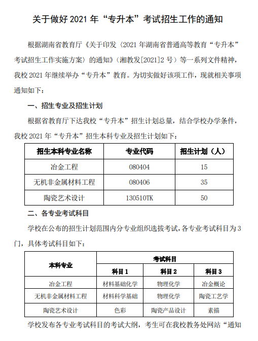 湖南工業(yè)大學(xué)關(guān)于做好2021年“專(zhuān)升本”考試招生工作的通知(圖1)